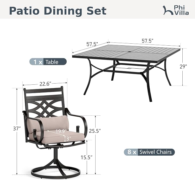 PHI VILLA 9 Piece, Outdoor Dining Set, 57.5" Square Table, Black | Wrought Iron, Swivel Chairs, Cushions, Weather-Resistant