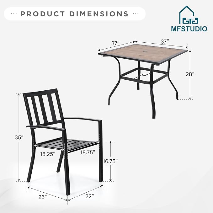 MFSTUDIO Outdoor Dining Set for 4, Patio Table and Chairs Set with Umbrella Hole, Metal Patio Dining Set for Deck/Backyard/Poolside/Garden