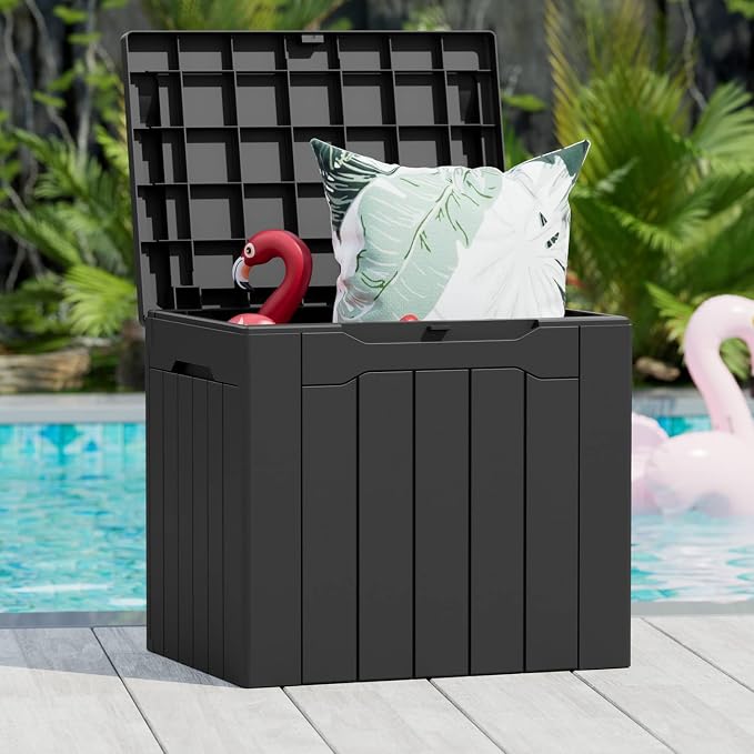 Greesum 82 Gallon and 31 Gallon Resin Deck Boxes Large Outdoor Storage Bundle for Patio Furniture, Garden Tools, and Pool Supplies