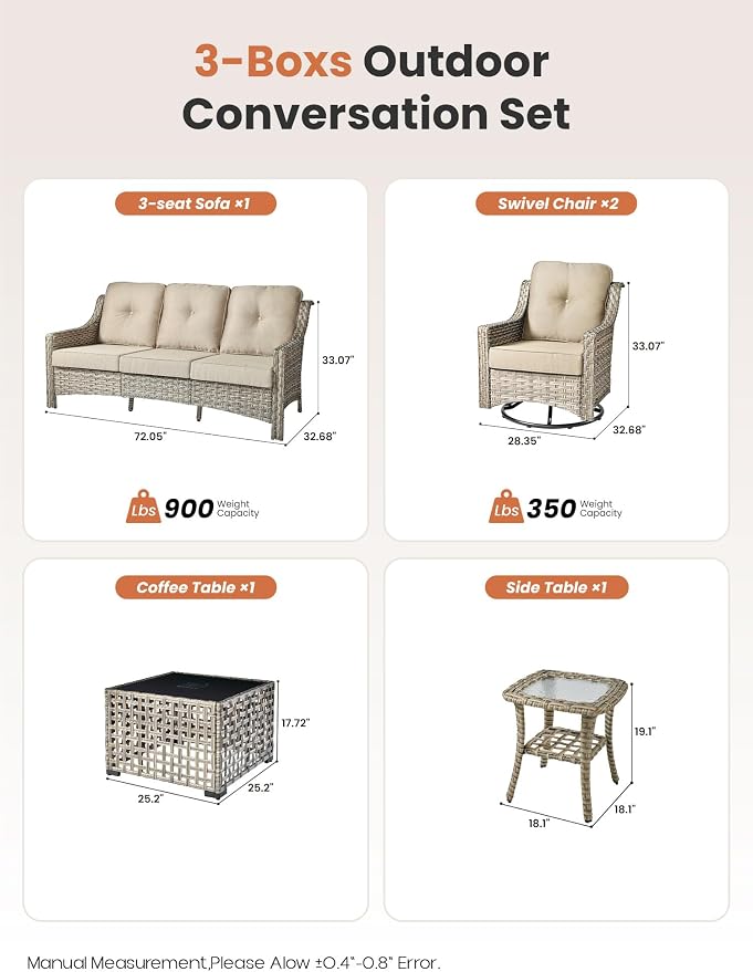 ovios 5 Piece Outdoor Patio Furniture with 3 Seat Sofa,Rattan Wicker Coversation Set with Swivel Rocking Chair,Balcony Sofa Set with Shiny Table for Outside Porch Backyard Pool, Beige