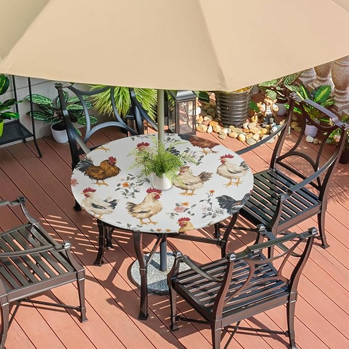 OSAM SPACE Outdoor Tablecloth with Umbrella Hole, Round Elastic Fitted Table Cloth with Invisible Zipper,Farmhouse Rooster Picnic Patio Table Cover 45-56in