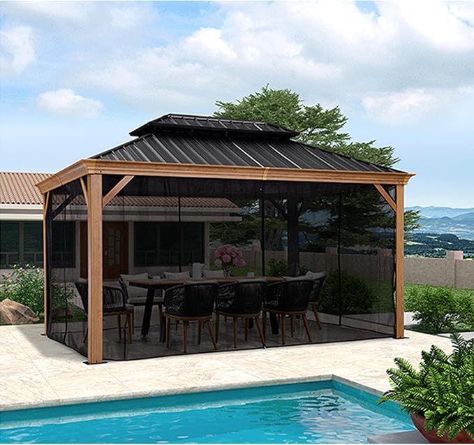 10' x 12' Gazebo Universal Replacement Mosquito Netting,Black Outdoor Canopy Net Screen 4-Panel Sidewall Curtain, with Zippers,Mosquito Netting(Only)