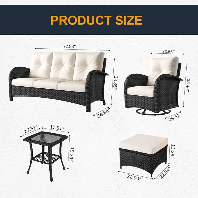 6 Pieces Outdoor Wicker Patio Swivel Rocking Chairs, All Weather Wicker Conversation Set with Side Table