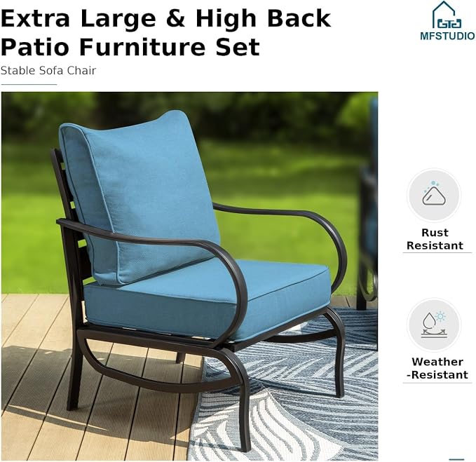 MFSTUDIO 5 Pieces Patio Conversation Sets, 7 Seats Metal Patio Furniture Sets with 1 x 3-Seat Sofa, 2 x Sofa Chairs, 2 x Ottoman, All Weather Steel Patio Sets with 5.75inch Navy Cushion for Garden