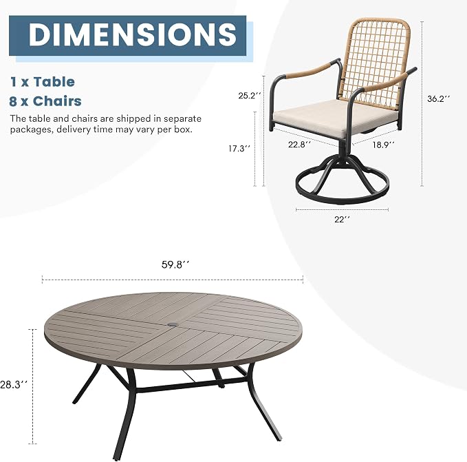 DIFY 9 Pieces Outdoor Dining Set, Metal Patio Table and Chairs Set for 8, 59.8" Round Dining Table with Umbrella Hole & Wicker Swivel Patio Chairs with Cushions, Grey Wood-Like Tabletop