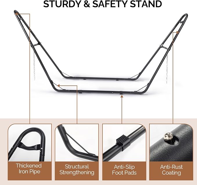 Double-Barrel Hammock Stand Heavy Duty Steel Frame, Black | 3 Adjustable Hanging Methods, Anti-Rust Coating, Anti-Slip Foot Pads, 315 x 104 x 128 cm,