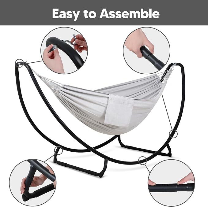 SUNCREAT Portable Large Hammock with Stand, Two Person Hammock with Stand Included, Patent Pending, Light Gray