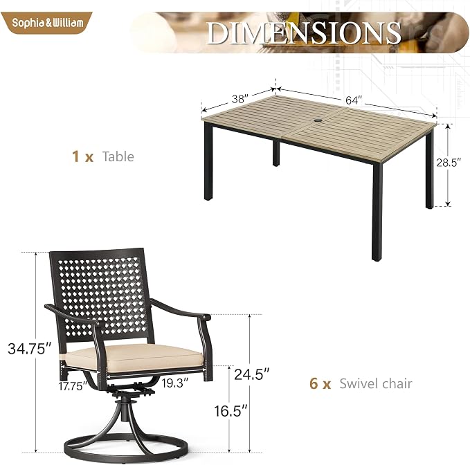 Sophia & William 7 Pieces Patio Dining Set,64" Rectangle Metal Table with Umbrella Hole,Swivel Chairs with Seat Cushions, Outdoor Conversation Furniture for Porch Backyard Balcony Deck