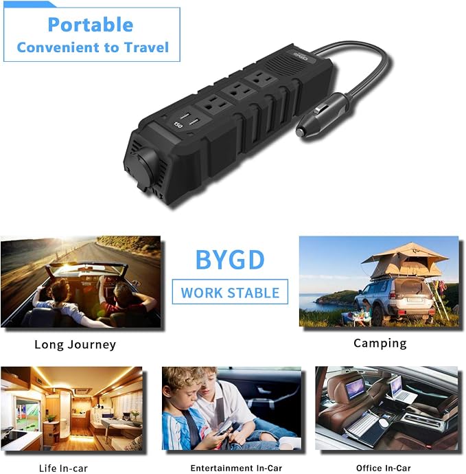 BYGD 150W Car Power Inverter for Vehicles, DC 12V to 110V AC Car Plug Adapter Outlet Converter with 1 Cigarette Lighter Socket, 3 AC Outlets, Dual 4.8A Fast Charging USB Ports for Digital Devices