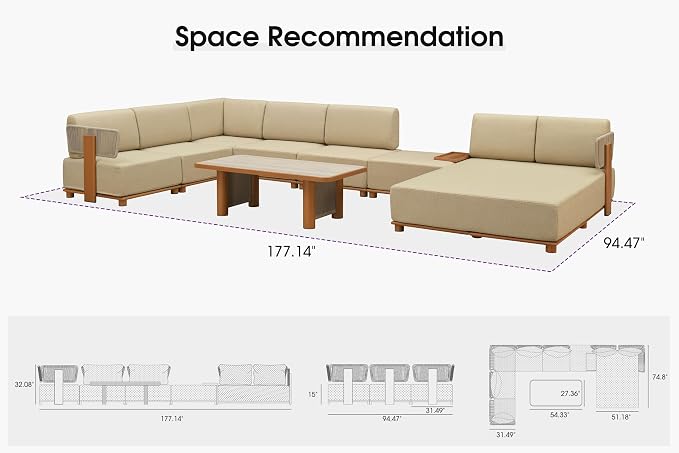 PURPLE LEAF Patio Furniture Set Modular U-Shaped Outdoor Sectional Sofa with 11" Thick Olefin Cushion 9-Piece Outdoor Conversation Set with Lounge Daybed and Table for Backyard Garden Poolside, Beige