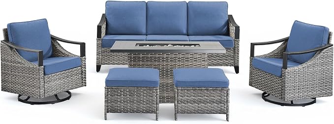 Outdoor Patio Furniture Set with 42.5" Fire Pit Table-6 Pieces All Weather Wicker Outdoor Furniture with High Back Swivel Patio Chairs Set of 2 Outdoor Patio Conversation for Deck Garden Blue/Gray