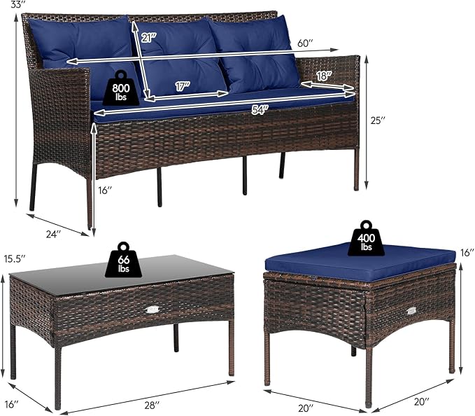 HAPPYGRILL 3 Piece Outdoor Rattan Conversation Set Patio Furniture Set with Tempered Glass Coffee Table, 5 Elastic Seat & Back Cushions, Sectional Sofa Set for Poolside Balcony Backyard