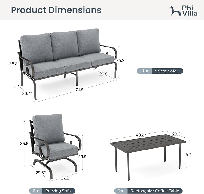 PHI VILLA Patio Furniture Set, 3-Seater Sofa, 2 Rocking Chairs and a Coffee Table, Outdoor Metal Conversation Set with 5.75" Extra Thick Cushion for Garden Backyard Deck, Grey