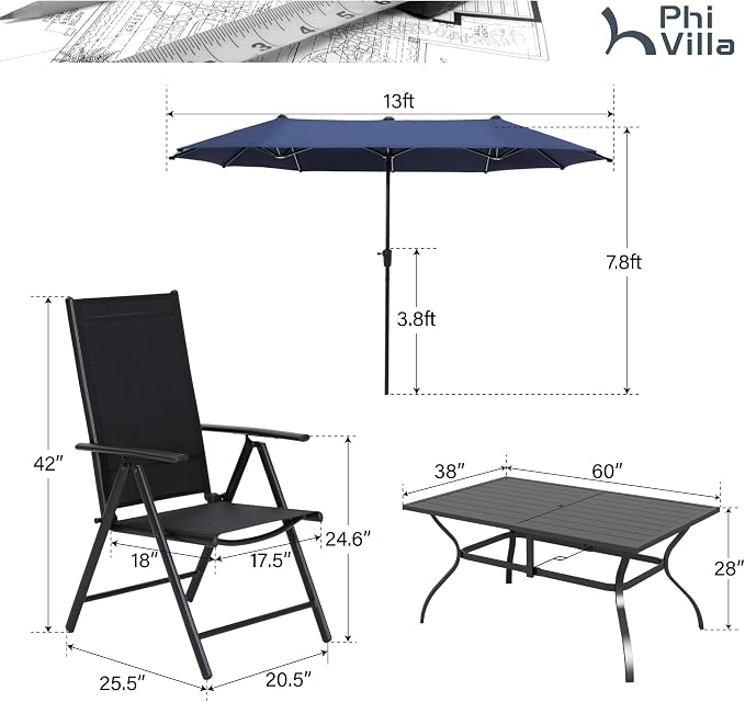 PHI VILLA Patio Dining Furniture Set with Umbrella, Outdoor Dining Set for 6, Black Foldable Chairs with Adjustable Backrest & Metal Table for Garden Deck (Navy Blue Umbrella Without Base)