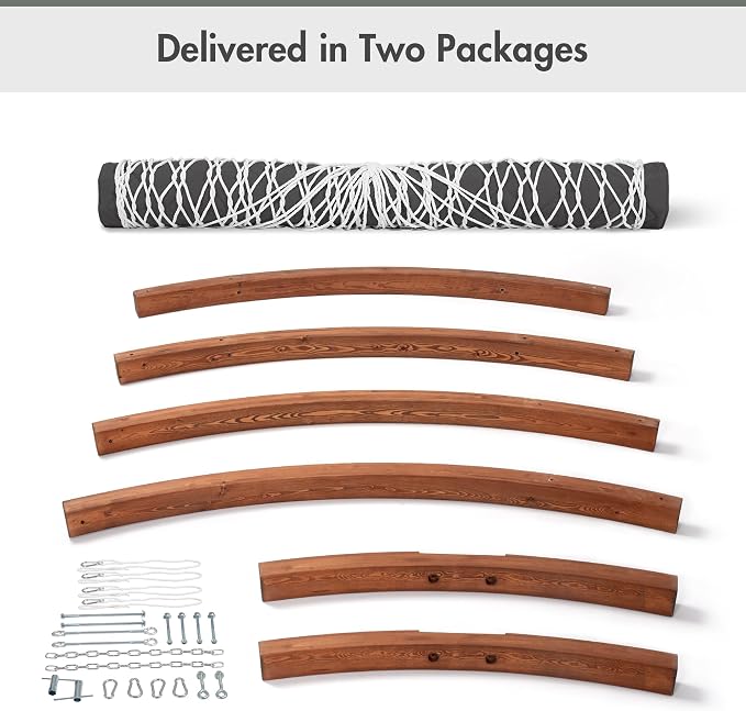 ANOW 13.5FT Curved Wood Stand with Portable Rope Hammock, Heavy Duty Larch Wood Arc Stand with 2 Chains, 4 Balance Ropes and 4 Carabiners, Includes Gray Hammock with Spreader Bars