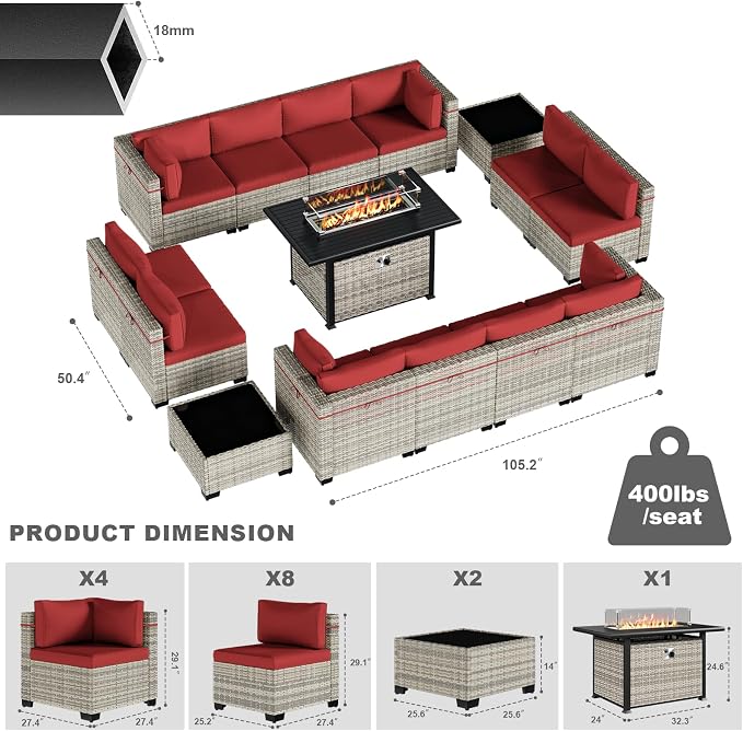 15-Piece Patio Furniture Set, Outdoor Patio Furniture with 55,000 BTU Fire Pit Table, Thick Cushions, Modular Patio Sofa, Dual-Strand Wicker Rattan, Rust-Resistant Frame, Red