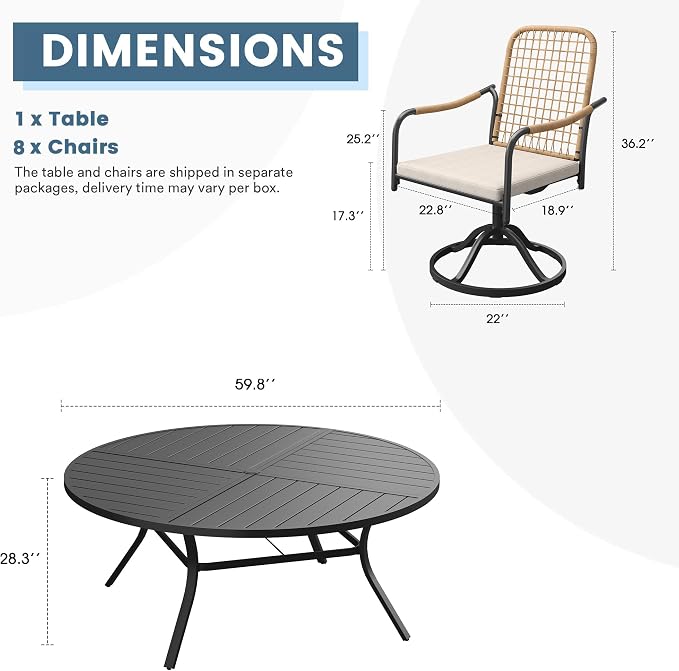 DIFY 9 Pieces Outdoor Dining Set, Metal Patio Table and Chairs Set for 8, 59.8" Round Dining Table with Umbrella Hole & Wicker Swivel Patio Chairs with Cushions, Black Tabletop