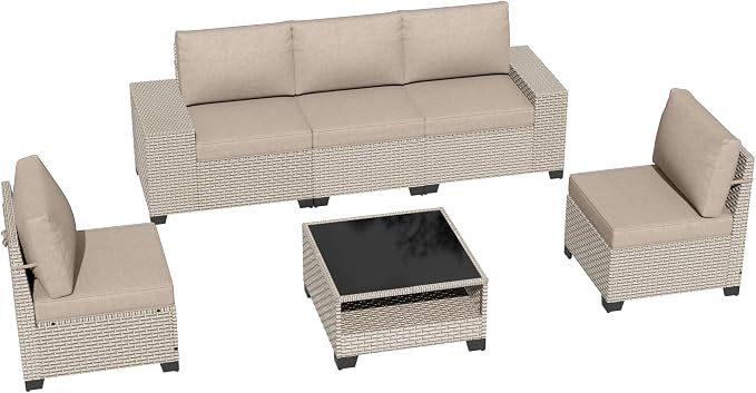 6-Piece Outdoor Patio Furniture Set, Modular Sectional Sofa Set with Glass Coffee Table and Cushions, Wicker Outdoor Couch Conversation Sets, Khaki
