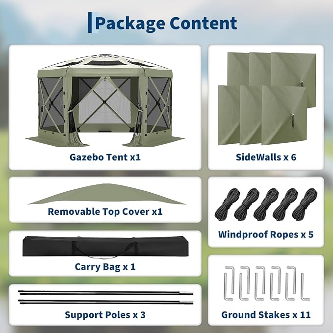 GarveeLife 11.5x11.5FT 6-Sided Pop Up Gazebo Tent,One-Push Setup Canopy Tent with Mesh Panels & Removable Wind Cloths, Outdoor shelter for Camping, Backyard Parties, Outdoor Events - Army Green