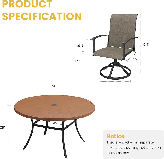 VICLLAX 7 Pieces Patio Dining Set, Outdoor Dining Set for 6-50" Round Outdoor Table and Swivel Patio Chair Set for Deck, Lawn and Garden, Grey Table and Chairs