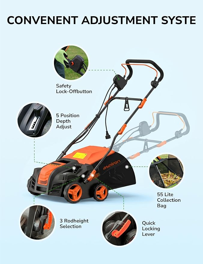 Aspiron 16” Artificial Turf Vacuum, 2000w Grass Sweeper 15 Amp Lawn Sweeper Yard Power Brush with 55L Removable Leaf Collection Bag, Quick-Fold, Keeps Clear Sweepy Box, Aurantious