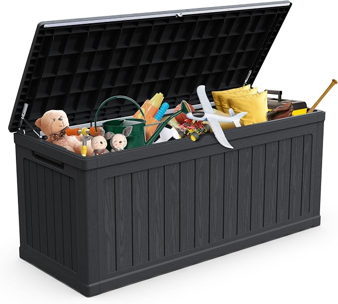 Outdoor Storage Box Waterproof Resin, 260 Gallon Lockable Large Outdoor Storage XXL Deck Box Patio Storage Bin for Pool Accessories Cushion Furniture,Garden Tools,UV-Resistant Outside Delivery Black