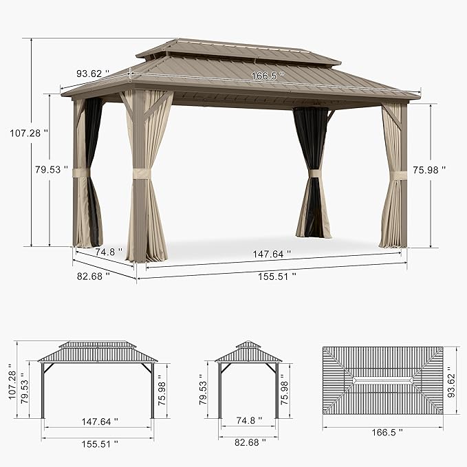 PURPLE LEAF 8' x 14' Outdoor Hardtop Gazebo, Champagne Metal Gazebo with Galvanized Steel Double Roof, Curtains and Netting for Patio Lawn and Garden
