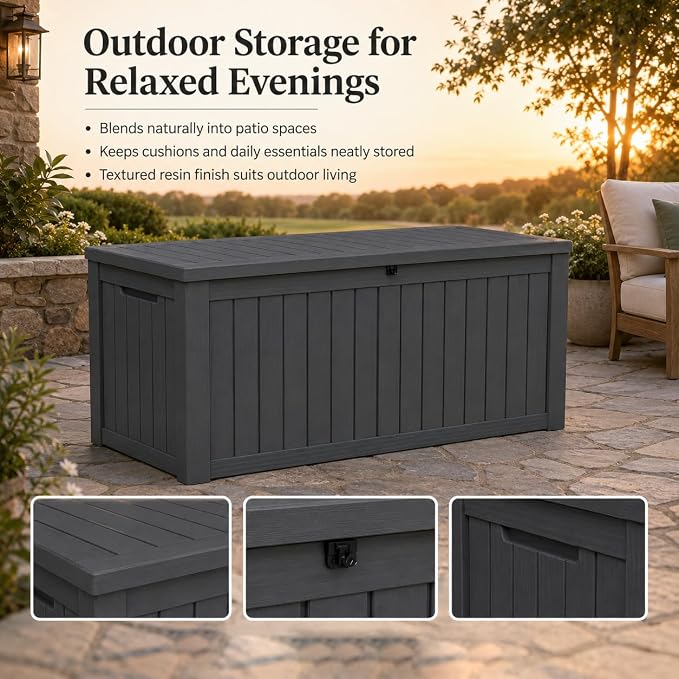 Outdoor Deck Patio Storage Box - 170 Gallon Large Outdoor Deck Box, Plastic Storage Bin with Lid, Outside Toy Box & Pool Storage Container for Cushions, Garden Tools, Towel, Black