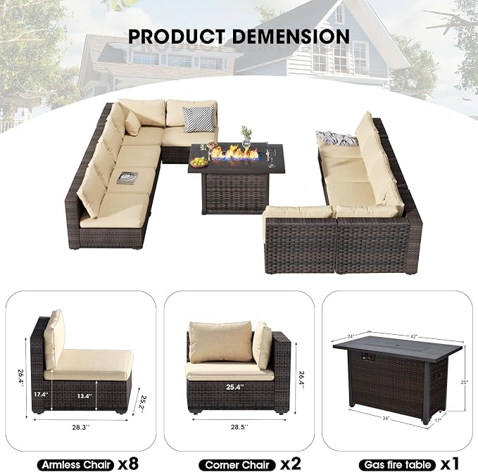 Patio Furniture Set 11 Pieces with 44" Fire Pit Table, Rattan Outdoor Sectional Conversation Sets, All Weather Outdoor Furniture Set with Cushions for Garden Lawn Balcony Porch Deck Beige