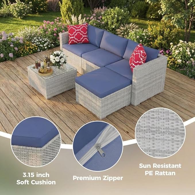 Litake 5 Piece Patio Furniture Sets, Modular Sectional Sofa Set, All-Weather PE Rattan Wicker with Cushions, Conversation Furniture for Backyard, Poolside & Garden