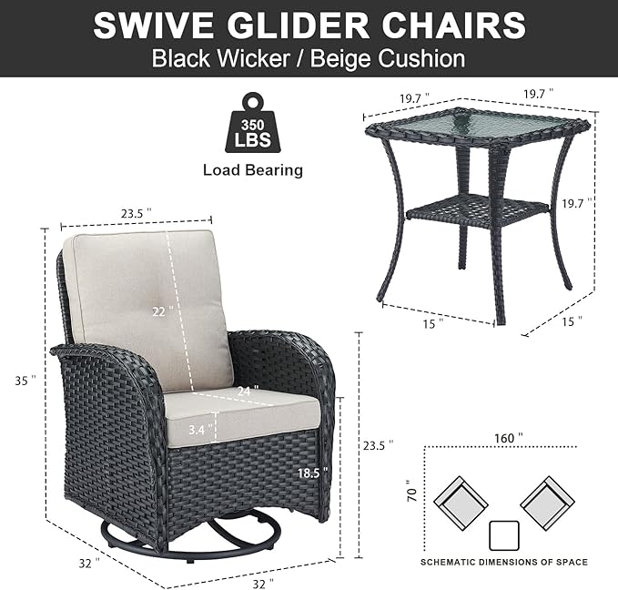 Belord 3 Pieces Black Wicker Patio Furniture Outdoor Swivel Rocker Patio Glider Chairs Set of 2 with Side Table Beige Cushion