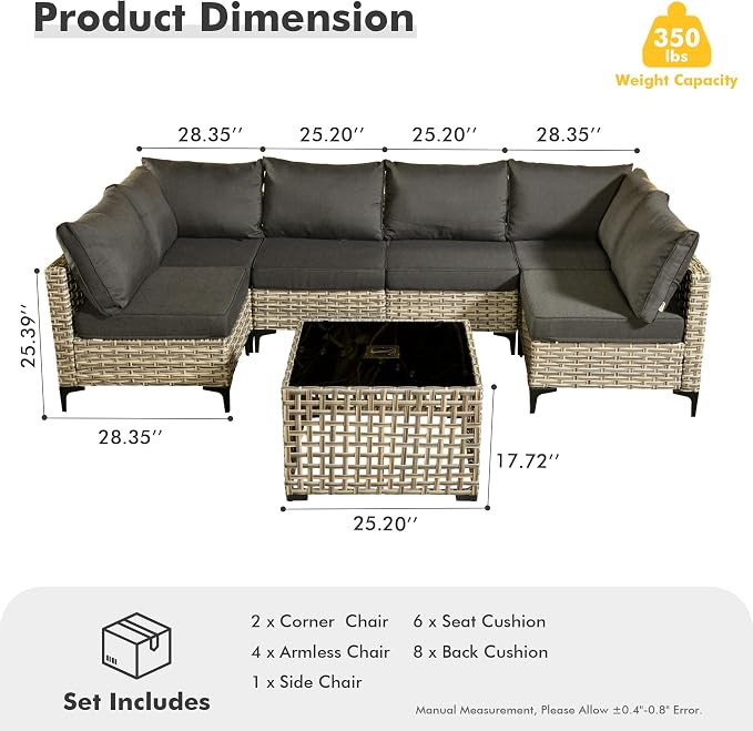 7 Pieces Wicker Patio Furniture Set,Outdoor Sectional Sofa with Coffee Table Comfy Cushions,Modern Modular Deep Seat Rattan Couch Conversation Set,Black