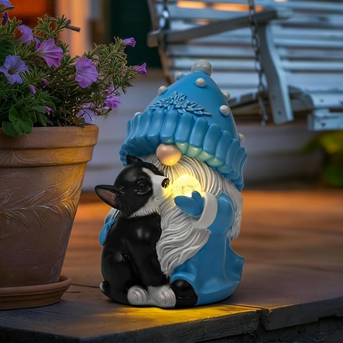 GIGALUMI Solar Garden Statue, Gnome with Dog Outdoor Decor, Gnomes Decoration Gifts with LED for Patio Yard Lawn Balcony, Christmas/Birthday Gift for Mom Women