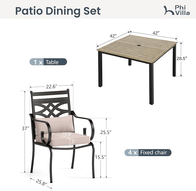 PHI VILLA Patio Dining Set, Square Metal Table | Metal chairs, Beige, Umbrella Hole, Cushions, E-coated