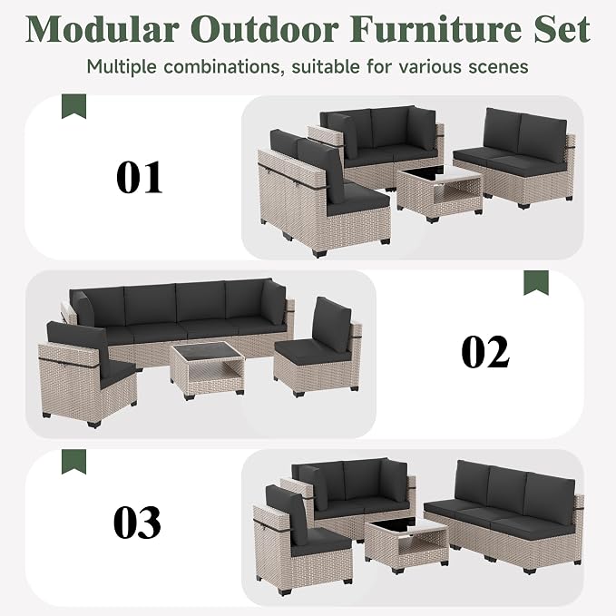 18 Pieces Patio Furniture Set with Fire Pit Table, Outdoor Sectional Wicker Sofa with Thick Cushions, High Back Swivel Rocker Patio Chairs, Rattan Conversation Set with Coffee Table, Black