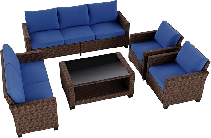 Garvee Outdoor Patio Furniture Set 5 Pieces, PE Rattan Wicker sectional Patio Conversation Set with Waterproof Cusions and Coffee Table, Brown and Blue