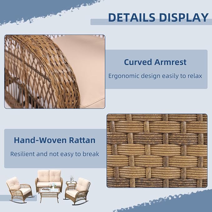 5-Piece Wicker Patio Furniture Sets Outdoor All-Weather Rattan Conversation Set Includes Glider Loveseat, 2 Glass-Top Coffee Tables, 2 Rocking Chairs for Porch Backyard, Light Brown