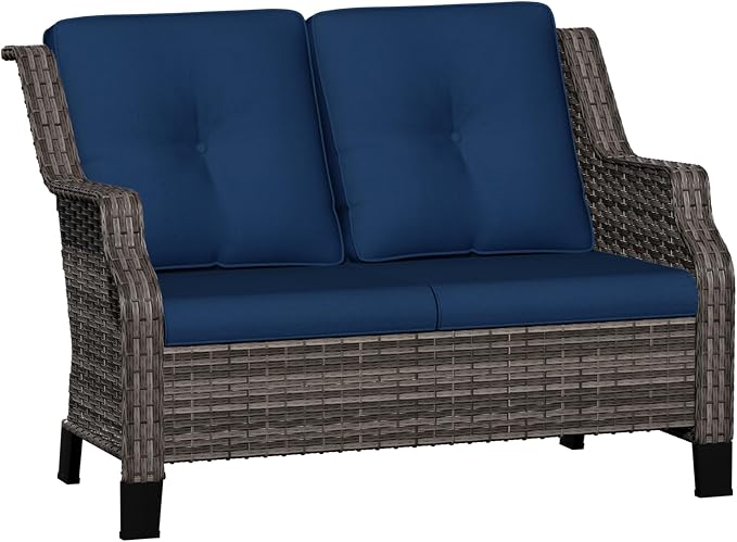 Outdoor Patio Loveseat, All-Weather 2-Seater Wicker Loveseat with Cushions, Outdoor Patio Love Seat Sofa for Garden, Balcony and Deck