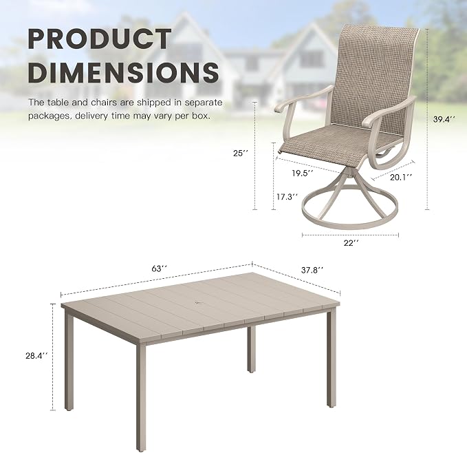 Outdoor Dining Set for 6, 63" Metal Outdoor Dining Table with Umbrella Hole and Sling Patio Swivel Chairs, 7 Pieces Patio Table and Chairs Set for Garden Backyard, Sandshell