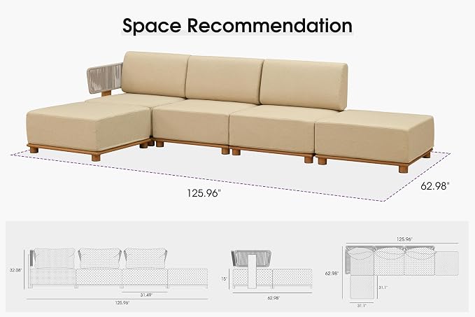 PURPLE LEAF Patio Furniture Set Modular L-Shaped Outdoor Sectional Sofa with 11" Thick Olefin Cushion 5-Piece Outdoor Conversation Set for Backyard Garden Poolside 2 Ottomans Included, Beige