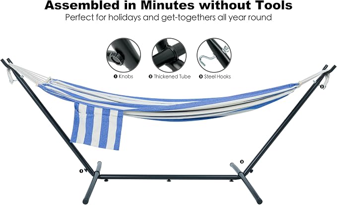 GAFETE Double Hammock with Stand for Outside, Upgraded Spreader Bar, Heavy Duty Space Saving Steel Stand 2 Person, Convenient Pockets, 600lbs Weight Capacity, Indoor & Outdoor (Blue & White)