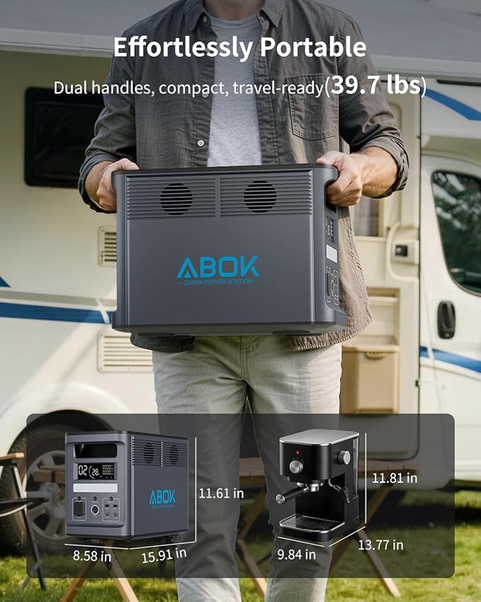 ABOK Ark2000 Portable Power Station with 2x Asp200 Solar Panels, 1536Wh LiFePO4 Solar Generator Kit, 2000W AC Output, Expandable to 4.6kWh, 1.3 Hr 0-100%, UPS, App for Emergency, RV, Off-Grid