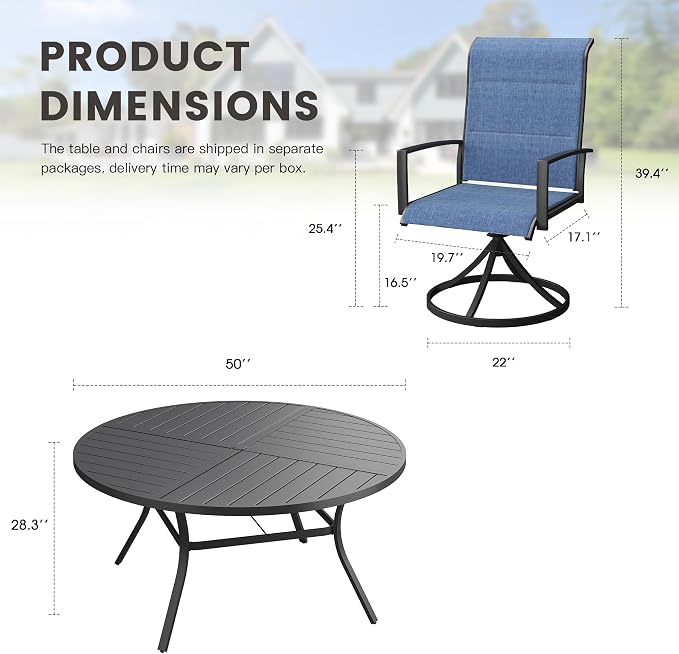 Outdoor Dining Set for 6, 50.1" Outdoor Dining Table with Umbrella Hole and Padded Textilene Patio Swivel Chairs, 7 Pieces Patio Table and Chairs Set for Garden Backyard, Dark Blue and Black
