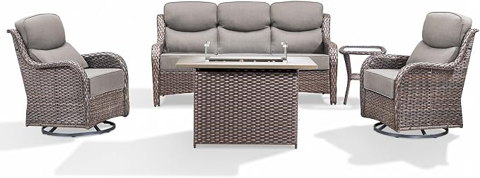 Luxury Patio Furniture Set with 6-inch Thick Cushion, Outdoor Furniture with Fire Pit Table, Swivel Chairs, Side Table, Sofa, 5pcs Wicker Conversation Set for Deck Yard (Brown Wicker/Grey Cushion)