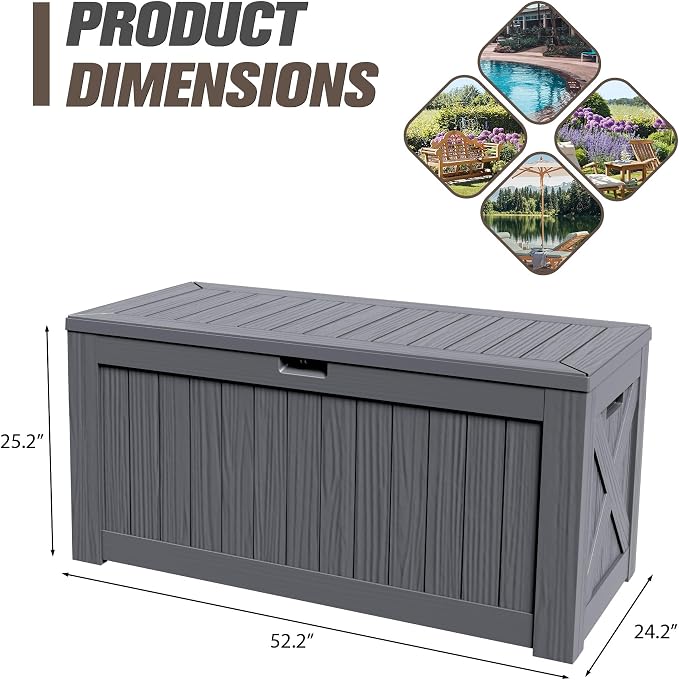 JUMMICO 120 Gallon Resin Deck Box, Large Outdoor Storage Box Waterproof & Lockable for Garden, Patio, Pools (Gray)