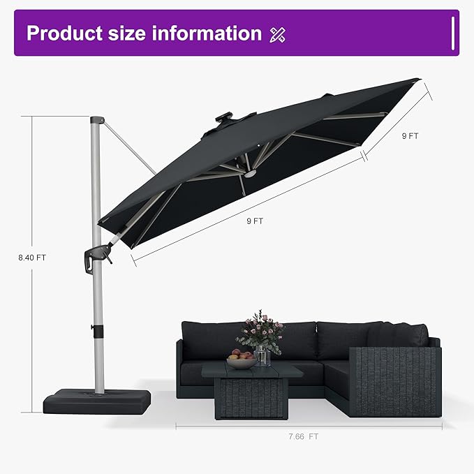 PURPLE LEAF Patio Umbrella with base 9 Feet Outdoor Square Cantilever Umbrella Solar Powered LED with 360-degree Rotation for Garden Deck Pool Patio, Black