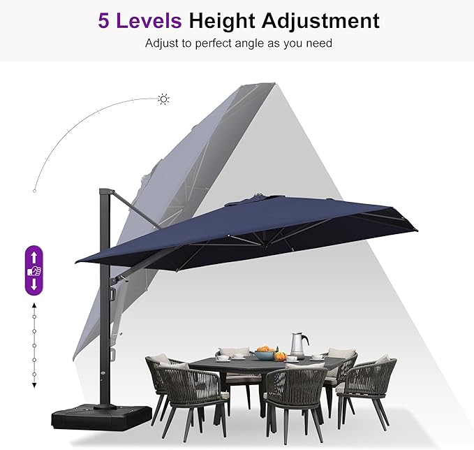 PURPLE LEAF 11 FT Square Patio Umbrella with Wheeled Base Included Large Outdoor Offset Umbrella with 360-degree Rotation Cantilever Umbrella for Garden Deck Backyard Pool Navy Blue