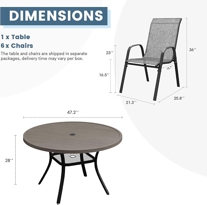DIFY 7 Piece Outdoor Dining Set, 48" Grey Wood-Like Round Metal Patio Table and Grey Textilene Stackable Chairs for 6, All Weather Patio Furniture Set with Umbrella Hole for Backyard Garden Deck