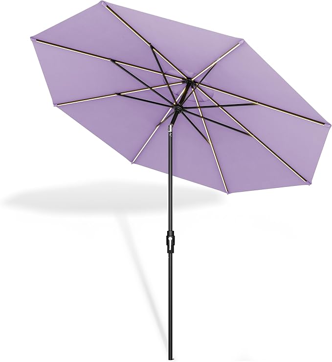 Midtown Umbrellas The LED Swilt 9 Feet Patio Umbrella With Terylast Midtown Purple Polyester Fabric - Auto-Tilt Aluminum Frame With LED Lights For Backyard, Deck, Garden, Pool - Black Pole