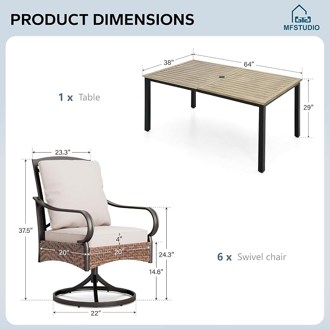 MFSTUDIO Outdoor Patio Dining Set for 6, Outdoor Table and Chairs for 6, Patio Rectangular Metal Table with Swivel Chairs, 7 Pieces Outdoor Dining Furniture Set, 1.6-2'' Umbrella Hole